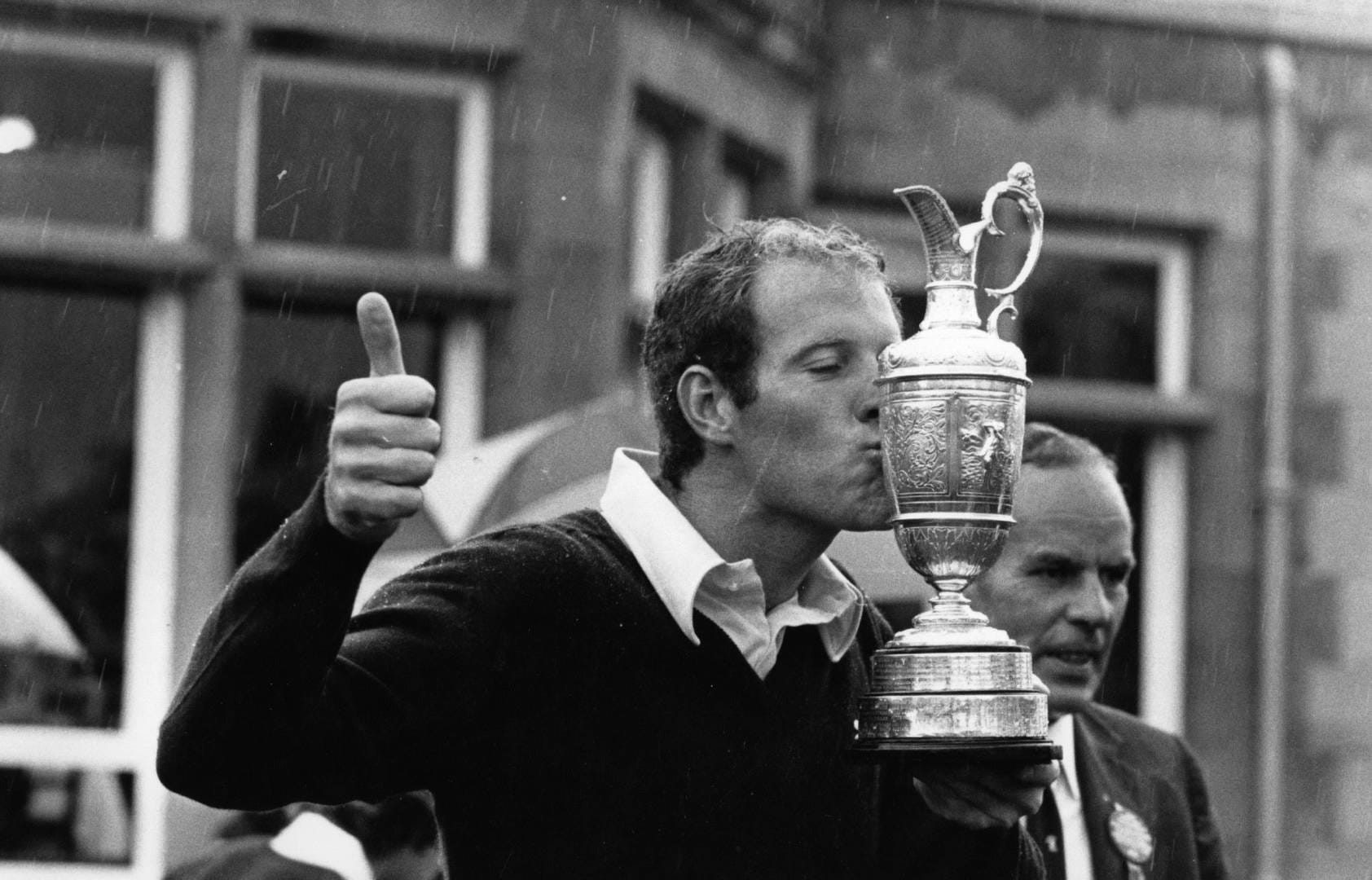Tom Weiskopf kisses the Claret Jug after winning The Open at Royal Troon in 1973.